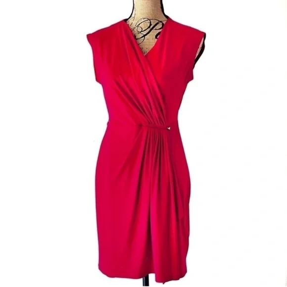 Michael Kors Red Dress faux wrap V-neck dress Sz S/M - Picture 2 of 13